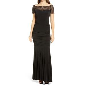Lulu's Black Lace Off-the-Shoulder Ruched Maxi Gown